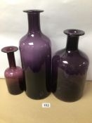 THREE GLASS HOLMEGAARD VASES (PURPLE), LARGEST 42CM
