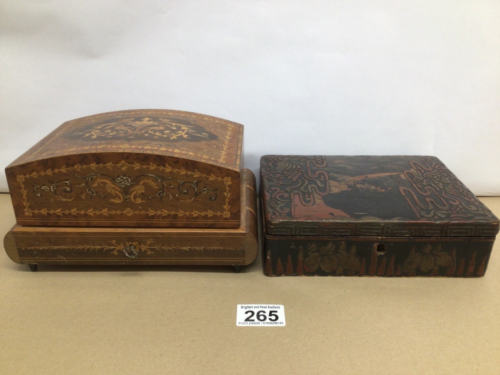 TWO BOXES ONE A MUSICAL PARQUETRY JEWELLERY BOX THE OTHER CHINESE LACQUERED