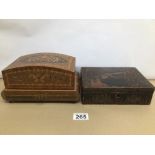 TWO BOXES ONE A MUSICAL PARQUETRY JEWELLERY BOX THE OTHER CHINESE LACQUERED