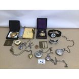 A SMALL VINTAGE COLLECTION OF POCKET WATCHES, WATCHES, AND RELIGIOUS ITEMS/FIGURES
