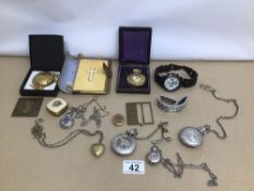A SMALL VINTAGE COLLECTION OF POCKET WATCHES, WATCHES, AND RELIGIOUS ITEMS/FIGURES