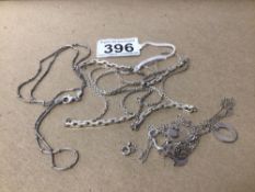SILVER AND WHITE METAL NECKLACE WITH PENDANTS AND A BRACELET, 35 GRAMS