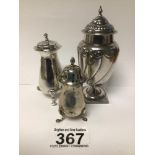 THREE HALLMARKED SILVER PEPPER POTS, LARGEST IS 11CM TOTAL WEIGHT IS APPROX 135G