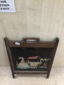 A VICTORIAN PAINTING ON GLASS FIRE SCREEN IN OAK FRAME, 71 X 50CM A/F