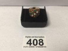 A VINTAGE MARKED 14K ROSE GOLD HAREM RING WITH SET THREE OPALS, RUBYS, EMERALDS AND SAPPHIRES,