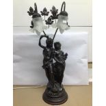 A LARGE VINTAGE COLD CASH BRONZED FIGURAL TABLE LAMP WITH DECORATIVE LEAVES (BASED ON AUGUSTE