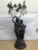A LARGE VINTAGE COLD CASH BRONZED FIGURAL TABLE LAMP WITH DECORATIVE LEAVES (BASED ON AUGUSTE
