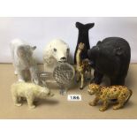 MIXED ANIMAL FIGURES INCLUDES GLASS WHALE, PAPERWEIGHT, RESIN BEAR, GLASS LION, PORCELAIN POLAR