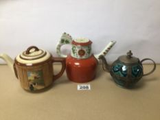 THREE EARLY CERAMIC TEAPOTS, PORSGRUND NORWAY, ROYAL DOULTON A/F, AND MIDDLE EASTERN WITH WHITE