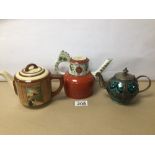 THREE EARLY CERAMIC TEAPOTS, PORSGRUND NORWAY, ROYAL DOULTON A/F, AND MIDDLE EASTERN WITH WHITE