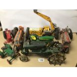 A VINTAGE COLLECTION OF MIXED TOY TRACTORS, DEVTZ, FARMALL JOHN DEERE, HUBLEY AND MORE