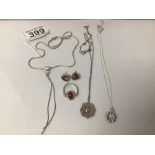 SILVER AND WHITE METAL, THREE NECKLACES WITH PENDANTS, A RING AND A PAIR OF EARRINGS SET, 21 GRAMS