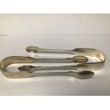 TWO PAIRS OF HM SILVER SUGAR TONGS, 1 GEORGE III, 1 VICTORIA 102g