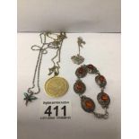 THREE SILVER AND WHITE METAL NECKLACES AND PENDANTS, ONE BRACELET INCLUDES (SILVER HALLMARKED COIN),