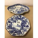 TWO BLUE AND WHITE 19TH CENTURY PLATES, CHINESE OCTAGONAL DISH WITH SEAL TO BASE, 19CM DIAMETER,