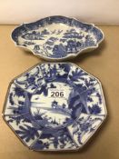 TWO BLUE AND WHITE 19TH CENTURY PLATES, CHINESE OCTAGONAL DISH WITH SEAL TO BASE, 19CM DIAMETER,