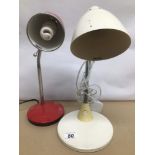 TWO SMALL METAL RETRO DESK LAMPS ANGLEPOISE ONE COLOURED WHITE AND THE OTHER RED LARGEST IS APPROX