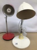 TWO SMALL METAL RETRO DESK LAMPS ANGLEPOISE ONE COLOURED WHITE AND THE OTHER RED LARGEST IS APPROX