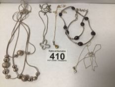 FOUR SILVER AND WHITE METAL NECKLACES AND PENDANTS, 40 GRAMS