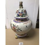 A HANDPAINTED POTTERY VASE WITH LID DECORATED WITH BIRDS MARKED/SIGNED TO BASE R.D AND F.MAIN,