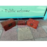 THREE VINTAGE ORIENTAL LEATHER LACQUERED BOXES TWO WITH SIDE HANDLES, LARGEST 42 X 26 X 23CM
