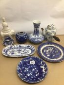 A COLLECTION OF MIXED BLUE AND WHITE CHINESE PORCELAIN, INCLUDING SOME CHARACTER, MARKS TO BASE