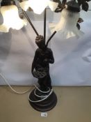 A LARGE VINTAGE COLD CAST BRONZE FIGURAL TABLE LAMP WITH DECORATIVE LEAVES APPROX 80CM