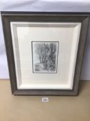 AN ORIGINAL FRAMED AND GLAZED PENCIL SKETCH OF A HARE IN A WOODLAND SCENE BY ROBERT BISSELL, 44 X