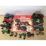MIXED TOY TRACTORS, INCLUDES BOOK, JOHN DEERE, DAVID BROWN, DINKY AND MORE