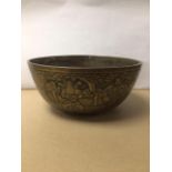 A LARGE 19TH CENTURY BRONZE CHINESE BOWL WITH CHARACTER MARKS TO BASE, 36CM IN DIAMETER