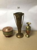 THREE VINTAGE MIXED BRASS AND COPPER METALWARE INCLUDES AN ART NOUVEAU BRASS VASE STAMPED BELDRAY TO