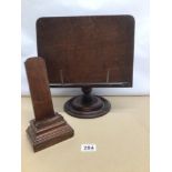 A MAHOGANY ADJUSTABLE VICTORIAN MUSIC STAND 35CM X 32CM WITH A MAHOGANY WOODEN STAND 24CM X 12CM