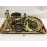 A COLLECTION OF VINTAGE BRASSWARE INCLUDING TRAYS, CANDLESTICKS, DISHES AND MORE LARGEST IS APPROX