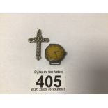 A SILVER MARKED CROSS WITH THE LORDS PRAYER ON THE BACK WITH A LADIES 925 SILVER WATCH