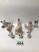 MIXED CHINA ITEMS INCLUDING THREE FIGURES WITH CHINA ANIMALS