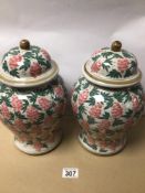 A LARGE PAIR OF HANDPAINTED LIDDED GINGER JARS DECORATED WITH GRAPES, APPROX 32CM IN HEIGHT