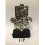 A SILVER COATED HAND OF FATIMA ORNAMENT, 15CM HIGH TOTAL WEIGHT 396g