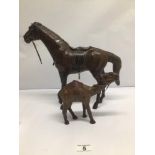 TWO VINTAGE LEATHER-WRAPPED FIGURES OF A HORSE AND CAMEL LARGEST APPROX 31CM HIGH A/F