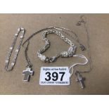 SILVER AND WHITE METAL, TWO BRACELETS AND TWO NECKLACES WITH PENDANTS, 32 GRAMS