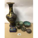 SEVEN EARLY PIECES OF CLOSSOINE, VASE, BOXES AND MORE