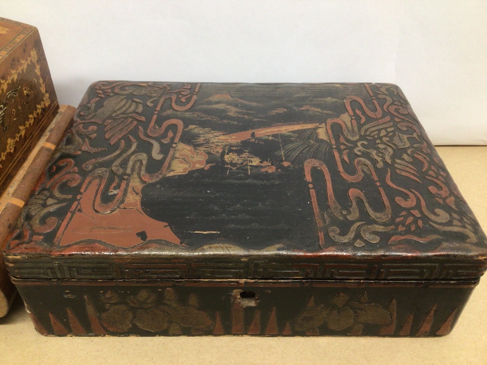 TWO BOXES ONE A MUSICAL PARQUETRY JEWELLERY BOX THE OTHER CHINESE LACQUERED - Image 2 of 5