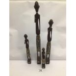 A SET OF FOUR VINTAGE AFRICAN CARVED WOOD HUMAN FIGURES, TALLEST APPROX 50CM