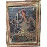 AN EASTERN EUROPEAN FRAMED PAINTING SIGNED OF FISHERMAN ON THERE BOAT, 64 X 82 CM