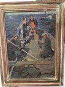 AN EASTERN EUROPEAN FRAMED PAINTING SIGNED OF FISHERMAN ON THERE BOAT, 64 X 82 CM