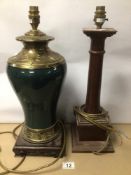 TWO VINTAGE TABLE LAMPS, ONE OF BRASS ON PAINTED PORCELAIN WITH WOODEN BASE, TALLEST IS 46CM