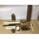 A COLLECTION OF MAINLY VINTAGE MEASURING TOOLS, A CASED ABACUS AND MORE