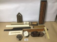 A COLLECTION OF MAINLY VINTAGE MEASURING TOOLS, A CASED ABACUS AND MORE