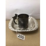 A WMF, CHRISTENING MUG AND DISH IN SILVER PLATE