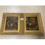 A PAIR OF 19TH CENTURY CONTINENTAL OIL ON METAL PANELS OF TAVERN INTERIOR SCENES WITH FIGURES,
