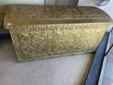 A GILDED LARGE VERY HEAVY CASKET WITH SILK BUTTON LINING, 190 X 90 X 94CM